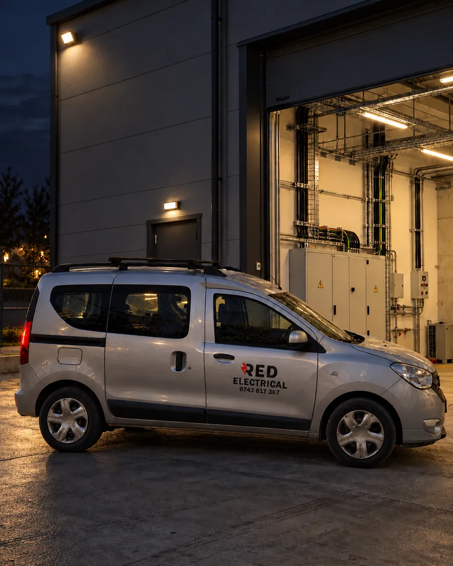 Autoutilitara Red Electrical în fața unei hale industriale